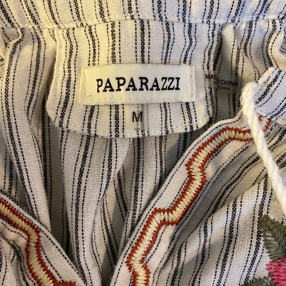 Floral Embroidered Cotton Bubble Sleeve Bohemian Tassel Striped Women's Top Sz M - Picture 5 of 9